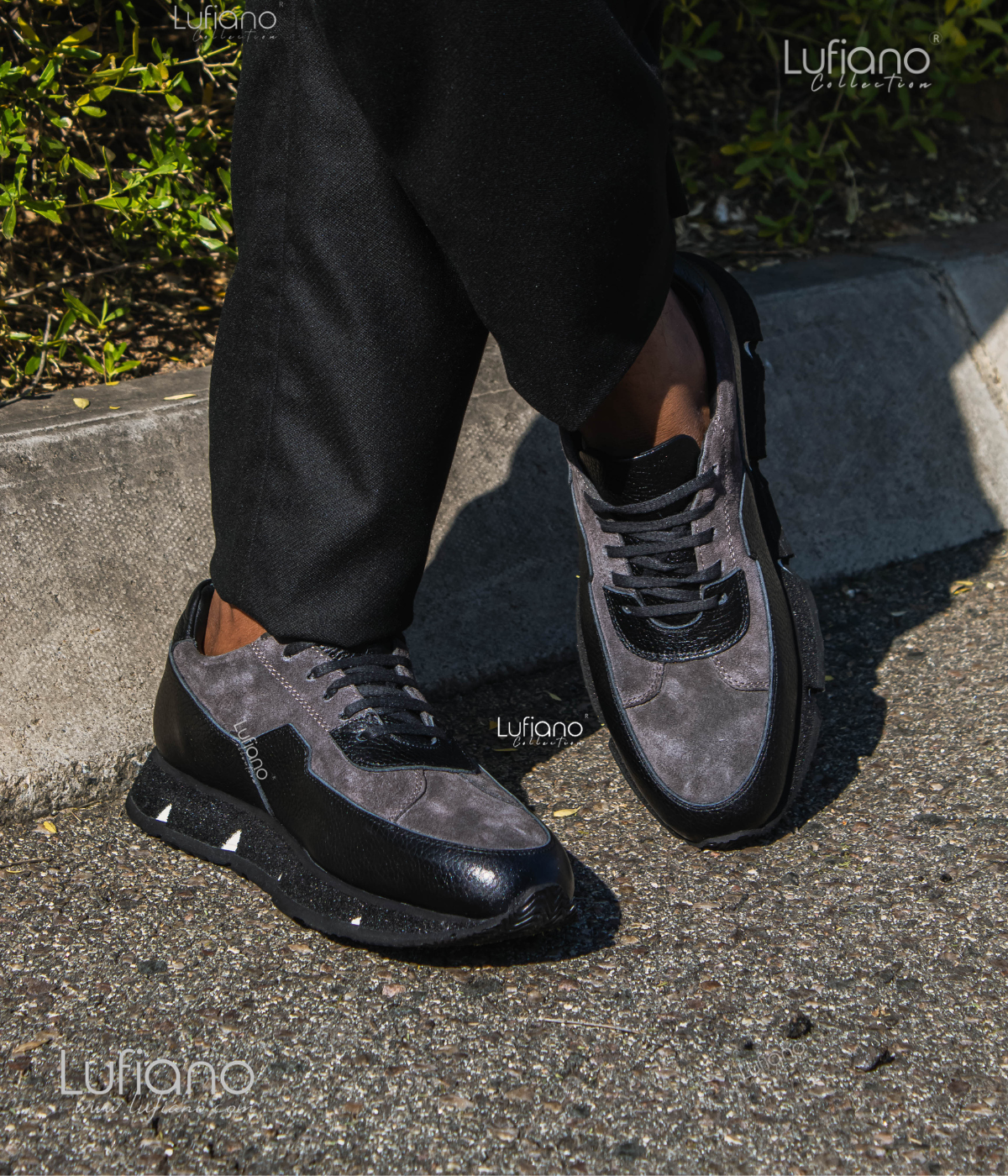 219 Lufiano Leather Sneaker- Black-Grey