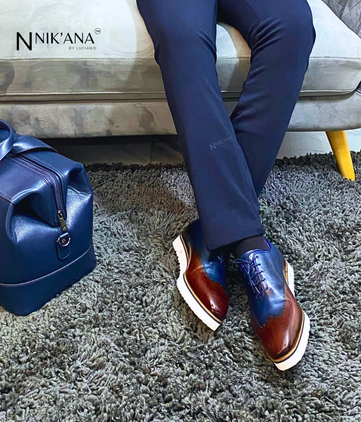 brown dress shoes with blue laces Mens Brown & Blue Leather Wingtip Dress Shoes