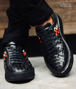 081 - Hand Weaved Leather Sneaker- Black