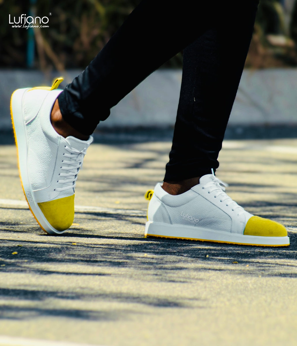164 - LUFIANO collection Leather Sneaker- White/yellow – Lufiano Apparel