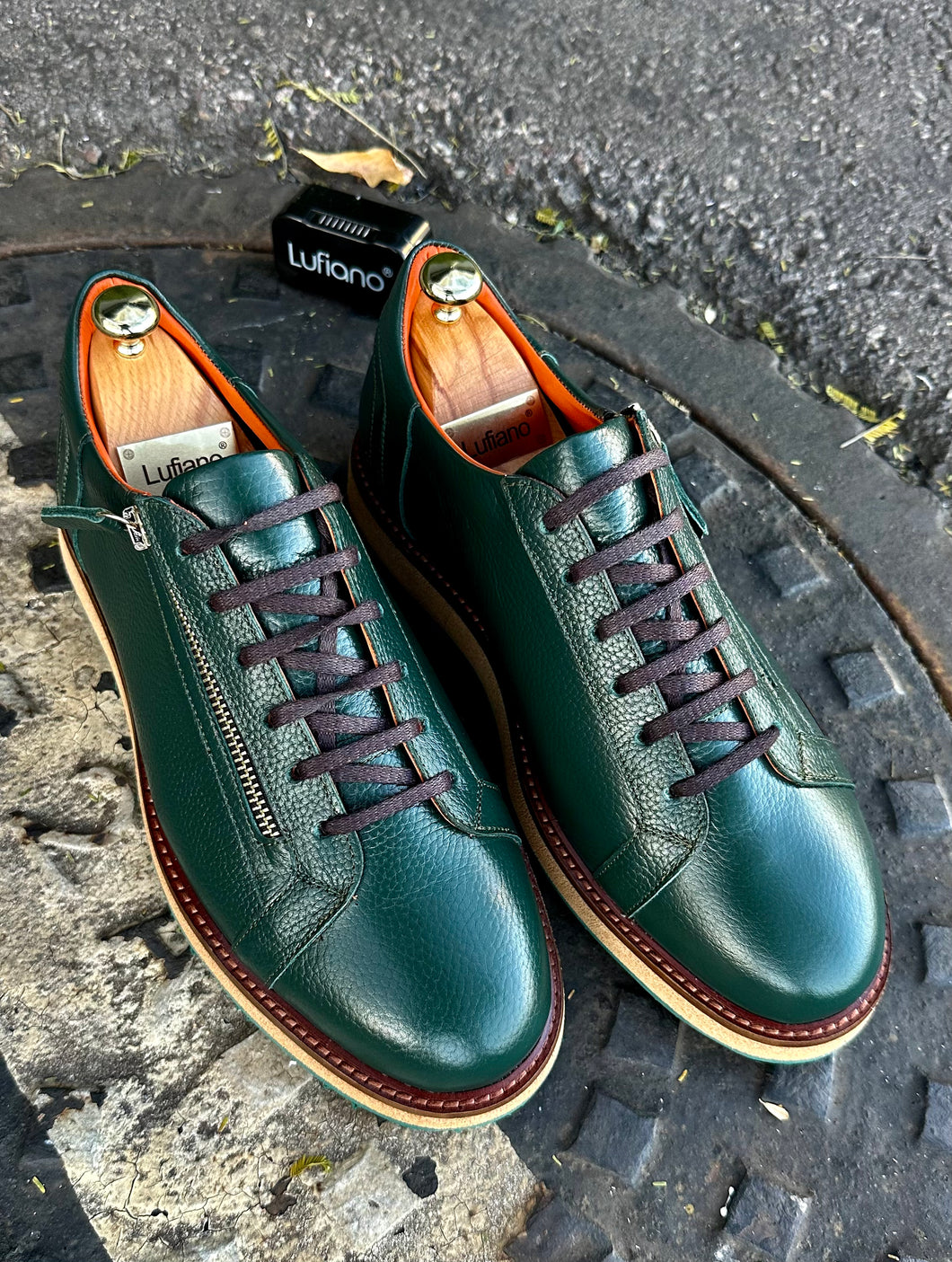 187 - LUFIANO collection Leather Sneaker- Green-Brown